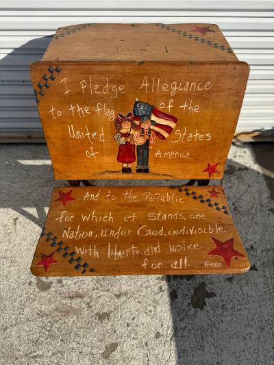 Antique Wrought Iron and Walnut Handpainted Pledge of Allegiance School Desk