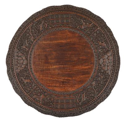 Antique carved hardwood circular side table with rosewood top Myanmar