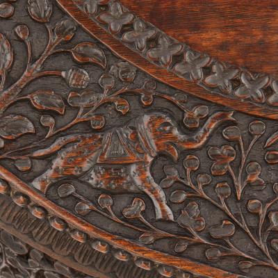 Antique carved hardwood circular side table with rosewood top Myanmar