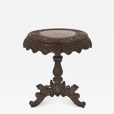 Antique carved hardwood circular side table with rosewood top Myanmar