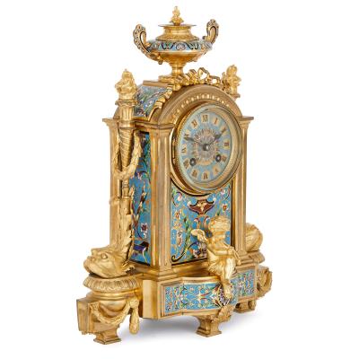 Antique cloisonne enamel and gilt bronze clock set
