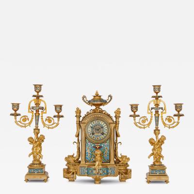 Antique cloisonne enamel and gilt bronze clock set
