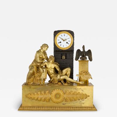 Antique early 19th century Empire style gilt and patinated bronze mantel clock
