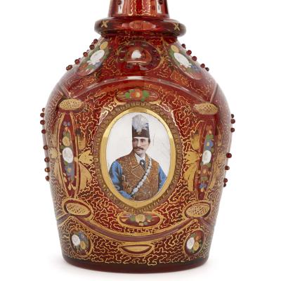 Antique gilt and enamelled ruby red glass decanter