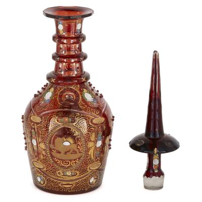 Antique gilt and enamelled ruby red glass decanter