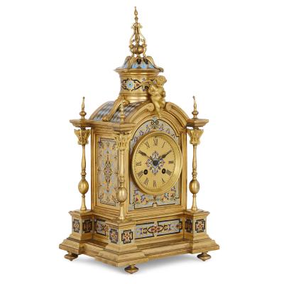 Antique gilt bronze and champlev enamel clock set