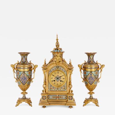 Antique gilt bronze and champlev enamel clock set