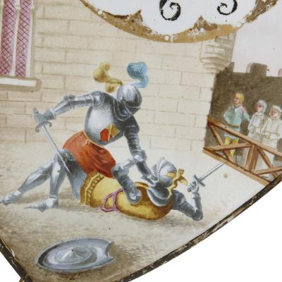 Antique gilt bronze and porcelain mantel clock with chivalric scenes