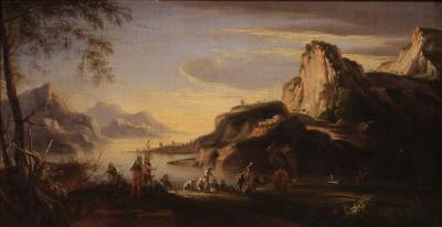 Antique landscape painting with men at arms from the 17th century