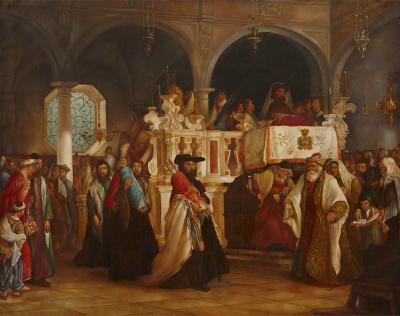 Antique oil painting of Torah Procession after Solomon Alexander Hart