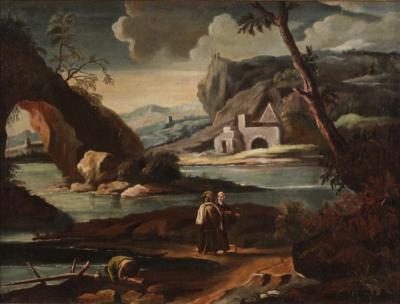 Antique painting landscape with characters from 18th century