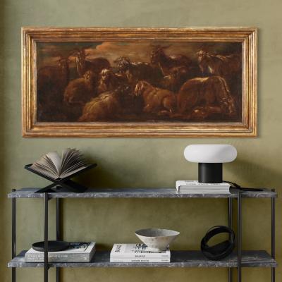 Antique painting landscape with goats from 17th century