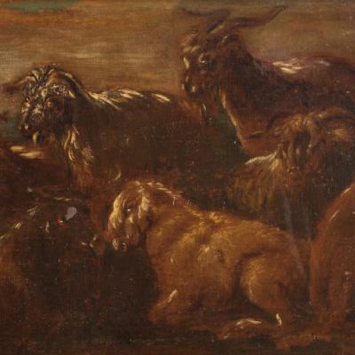 Antique painting landscape with goats from 17th century