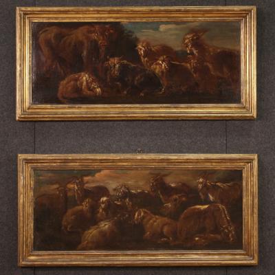 Antique painting landscape with goats from 17th century