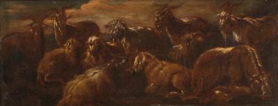 Antique painting landscape with goats from 17th century