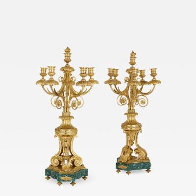 Antique pair of French Neoclassical style gilt bronze and malachite candelabra