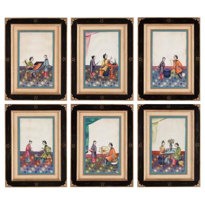 Antique set of six Chinese paintings depicting weaving