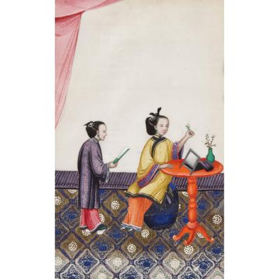 Antique set of six Chinese paintings depicting weaving