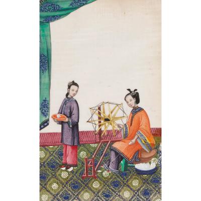 Antique set of six Chinese paintings depicting weaving