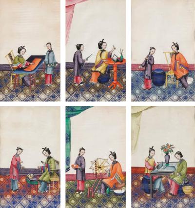 Antique set of six Chinese paintings depicting weaving