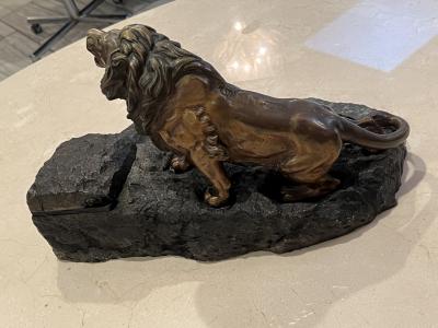 Antoine Louis Barye BRONZE LION ON MARBLE INKWELL BY ANTOINE LOUIS BARYE