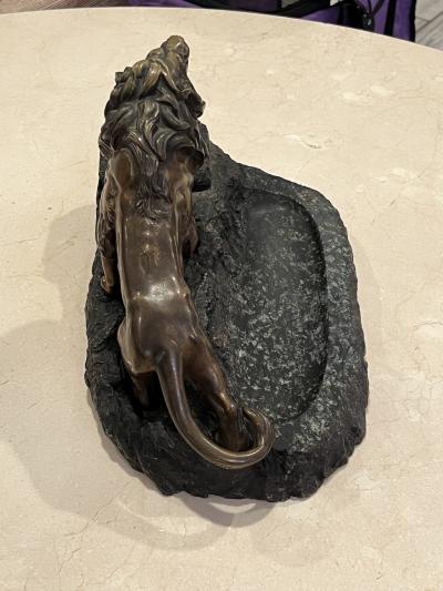 Antoine Louis Barye BRONZE LION ON MARBLE INKWELL BY ANTOINE LOUIS BARYE