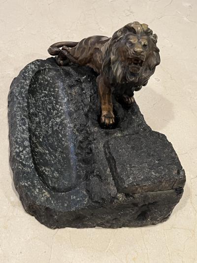 Antoine Louis Barye BRONZE LION ON MARBLE INKWELL BY ANTOINE LOUIS BARYE