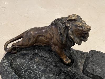 Antoine Louis Barye BRONZE LION ON MARBLE INKWELL BY ANTOINE LOUIS BARYE