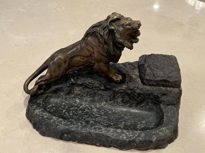 Antoine Louis Barye BRONZE LION ON MARBLE INKWELL BY ANTOINE LOUIS BARYE