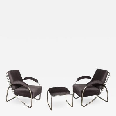 Anton Lorenz Anton Lorenz Thonet Tubular Steel Lounge Chairs and Ottoman