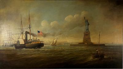 Antonio Jacobsen MAGNIFICENT DETAILED LIBERTY PAINTING OF NYC HARBOR BY ANTONIO JACOBSEN