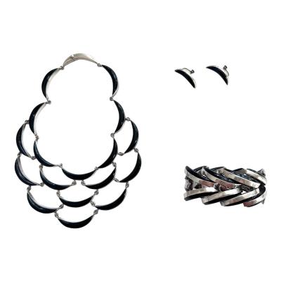 Antonio Pineda Mexican Modernist Silver Obsidian Four piece Jewelry Suite Taxco Antonio Pineda