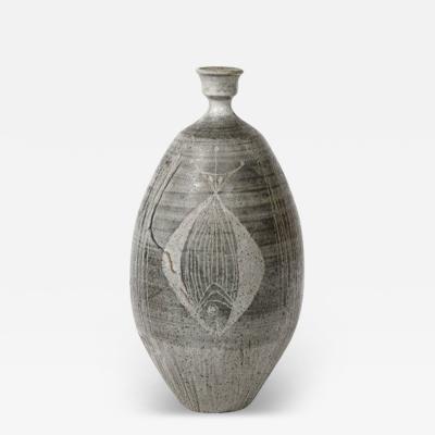 Antonio Prieto Mid Century Graphite Glazed Ceramic Vase W Fish Motif signed Antonio Prieto