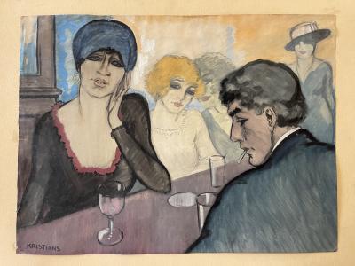 Antonius Johans Kristians At the Bar Watercolor on Paper by A J Kristians France Art D co 1920s