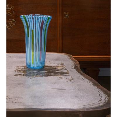 Anzolo Fuga Anzolo Fuga Hand Blown Glass Vase with Blue Vertical Rods 1955 56