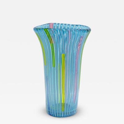 Anzolo Fuga Anzolo Fuga Hand Blown Glass Vase with Blue Vertical Rods 1955 56