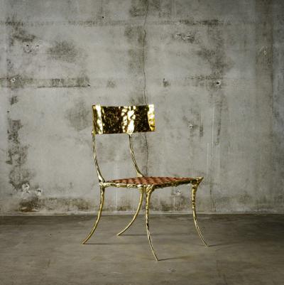 Aqua Klismos Brass Chairs