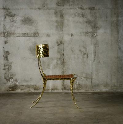 Aqua Klismos Brass Chairs