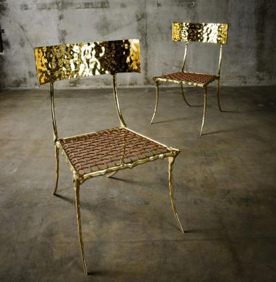 Aqua Klismos Brass Chairs