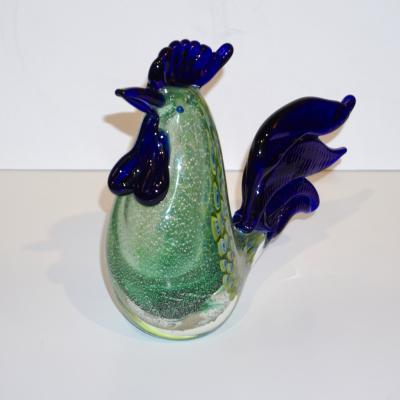 Archimede Seguso 1980s Italian Vintage Silver Navy Blue Green Murano Art Glass Hen Bird Sculpture