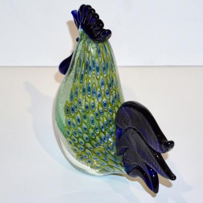 Archimede Seguso 1980s Italian Vintage Silver Navy Blue Green Murano Art Glass Hen Bird Sculpture