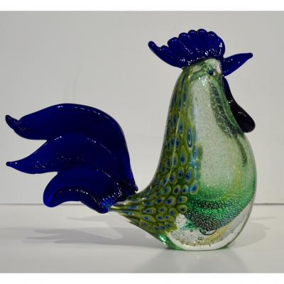 Archimede Seguso 1980s Italian Vintage Silver Navy Blue Green Murano Art Glass Hen Bird Sculpture