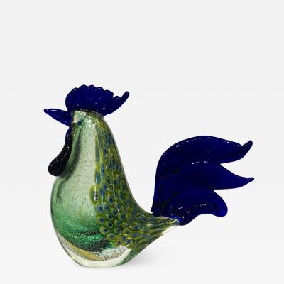 Archimede Seguso 1980s Italian Vintage Silver Navy Blue Green Murano Art Glass Hen Bird Sculpture