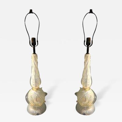 Archimede Seguso Elegant Pair of Seguso Swirled Opal and Gold Dotted Murano Lamps