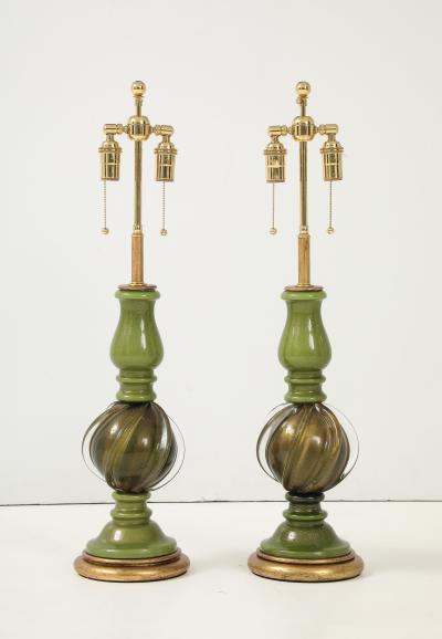 Archimede Seguso Pair of 1950s Seguso Green Murano Glass Lamps