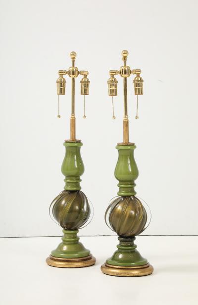 Archimede Seguso Pair of 1950s Seguso Green Murano Glass Lamps