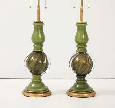 Archimede Seguso Pair of 1950s Seguso Green Murano Glass Lamps