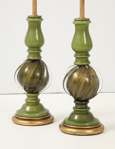 Archimede Seguso Pair of 1950s Seguso Green Murano Glass Lamps