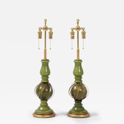 Archimede Seguso Pair of 1950s Seguso Green Murano Glass Lamps