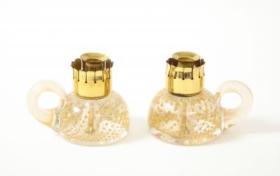 Archimede Seguso Pair of Candle Holders in Transparent Glass Gold Leaf Inclusions by Seguso